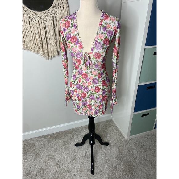 RESA Sloane Mesh Long-sleeved Short Mini Dress in Rose Vintage Floral Print XS - Picture 3 of 9